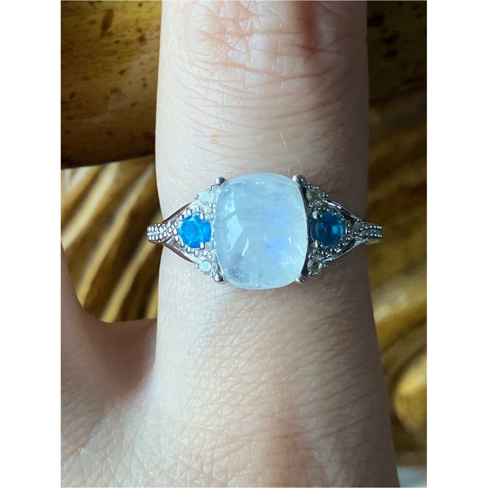 Rainbow Moonstone Blue Apatite Sterling Silver Ring Size 8.75
